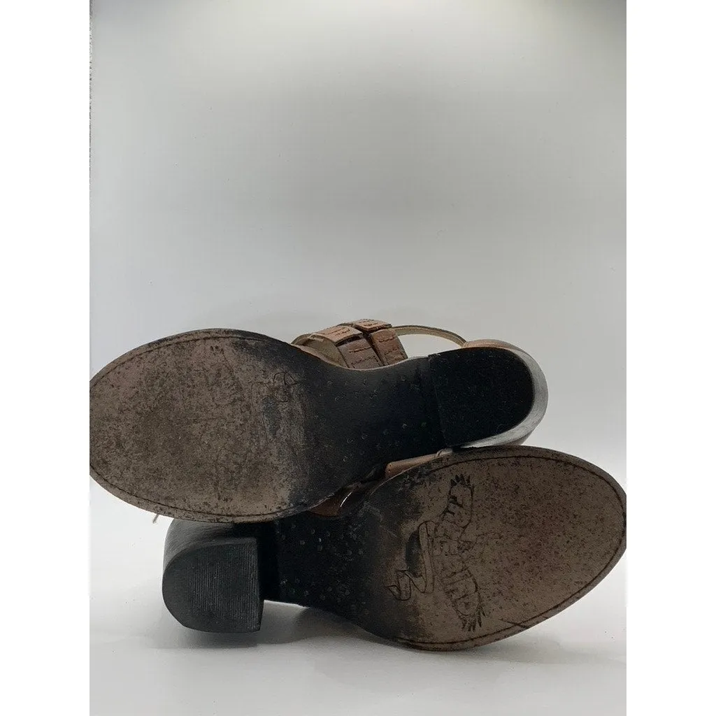 FREEBIRD Women's Brown Leather Strappy Claw Peep-Toe Stacked-Heel Sandals SZ 7